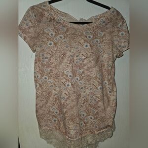 Lauren Conrad Womens Top Tie On Back Cream Pink Shirt Lace Hem Size XS